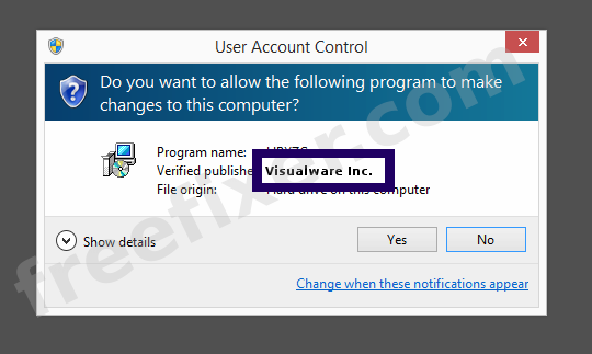 Screenshot where Visualware Inc. appears as the verified publisher in the UAC dialog